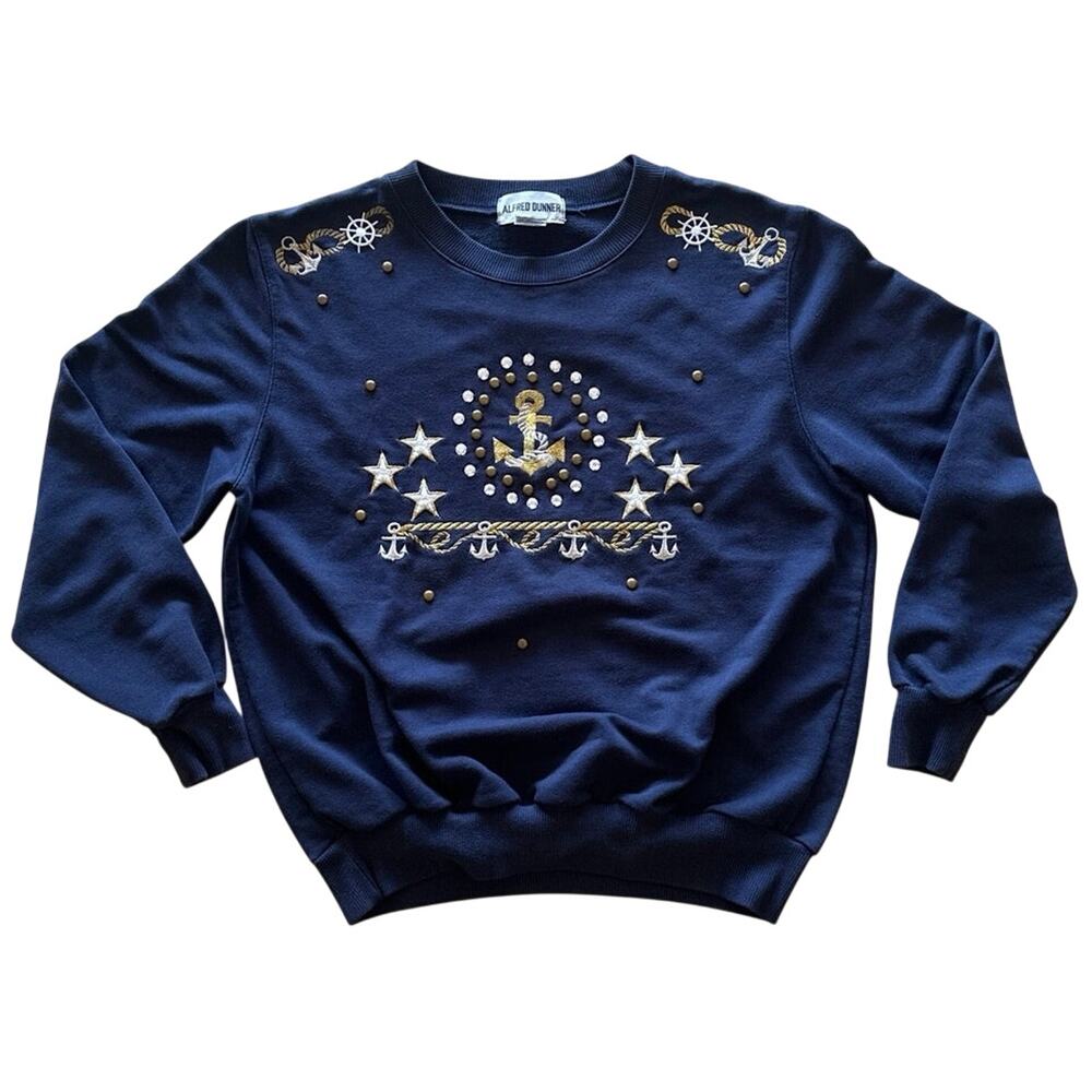 *Alfred Dunner Nautical Navy Blue Gold Bling Sweatshirt Size S